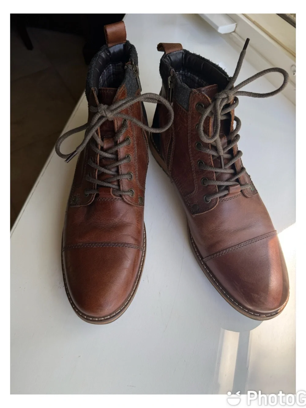 Crevo Men’s Brown Leather Lace Up Zipper Ankle Boots Size 10.5 side zip